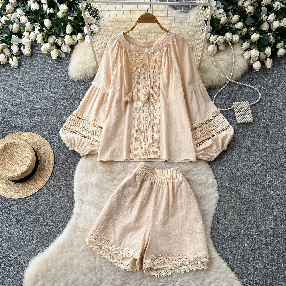Gentle wind yellow cut outlacetwo-piece set female autumtie back lantern sleeve topssuit relaxed sense outfit