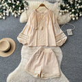 Gentle wind yellow cut outlacetwo-piece set female autumtie back lantern sleeve topssuit relaxed sense outfit
