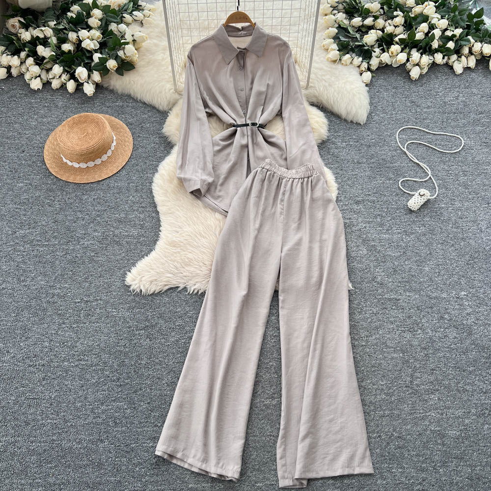 British style high-end elegant lady set: women's long-sleeved polo shirt + elastic waist wide-leg slim-fit trousers