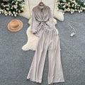 British style high-end elegant lady set: women's long-sleeved polo shirt + elastic waist wide-leg slim-fit trousers