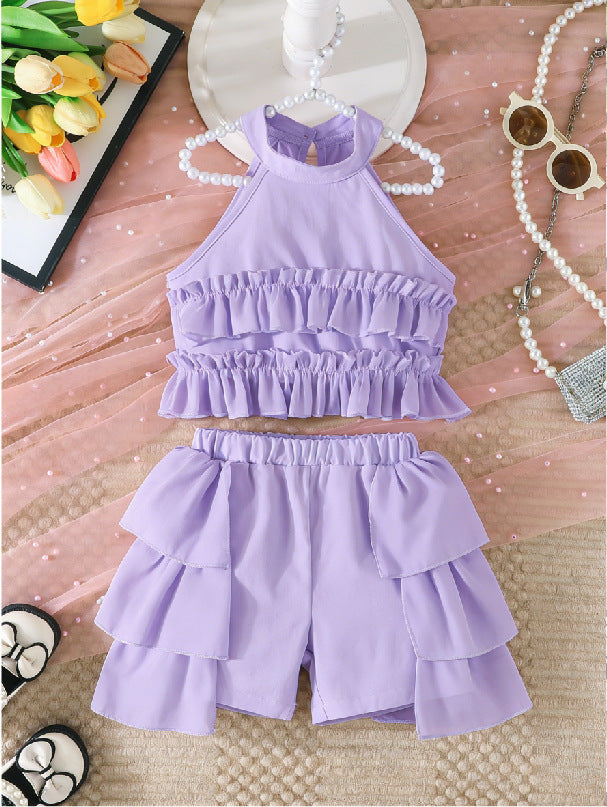 new girls' halter neck off-shoulder tiered skirt pants sweet princess set