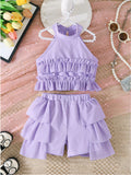 new girls' halter neck off-shoulder tiered skirt pants sweet princess set
