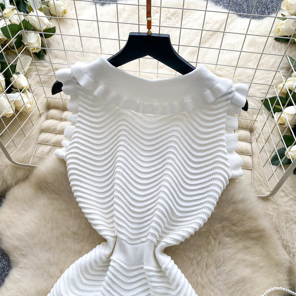 K-stylecasual celebrity sleeveless knittingdress women's summer fungus edge niche style young lady beautiful mid length skirt
