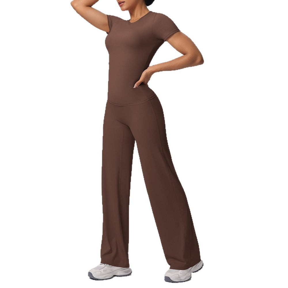 double-sided brushed pure color tight training long sleeves wide-leg yoga suit sports running fitness two-piece set