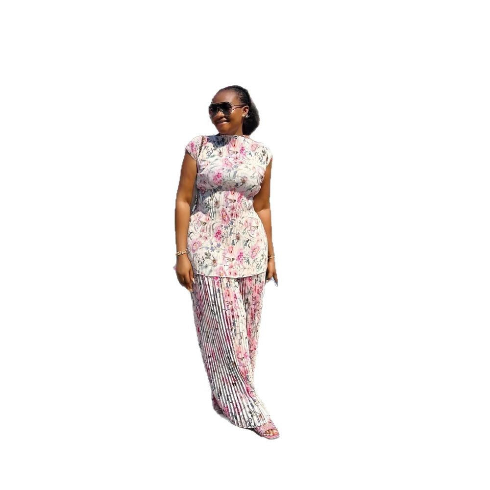 European and american cross-border women's fashion:  spring new arrival - pleated round neck flutter sleeve fashion print wide-leg pants two-piece set