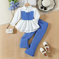 girls' pink knitted vest & lace-trimmed shirt set with woolen striped trousers - two-piece outfit for kids