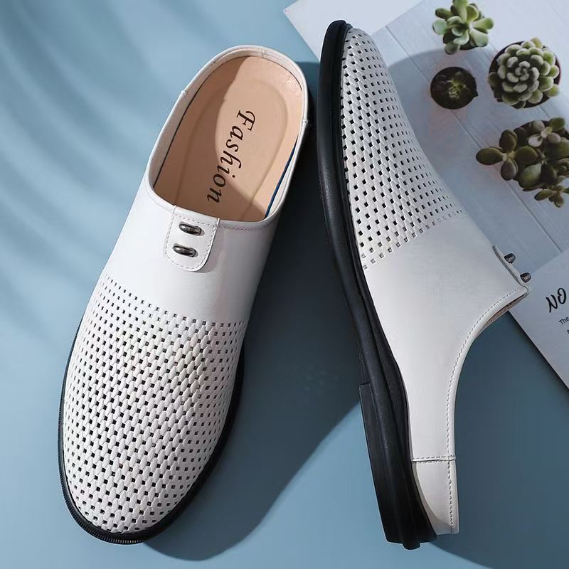 New breathable men's casual soft leather shoes - summer hollow-out slip-on loafers, backless mules for men