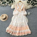 French chic floral slim-fit dress - women's long sleeve v-neck high waist a-line romantique pink plus size maxi dress