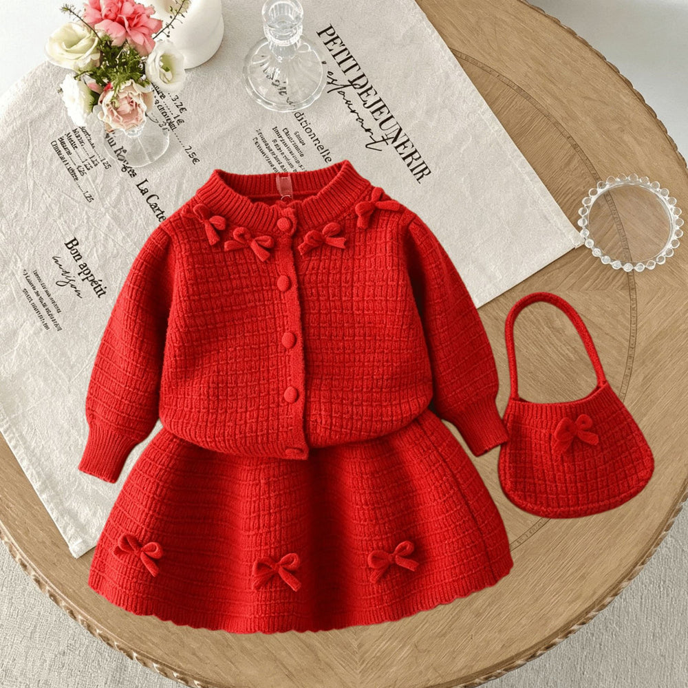 Girls' knit sweater set - new  bow accent color block cardigan top - spring/autumn three-piece sweater outfit