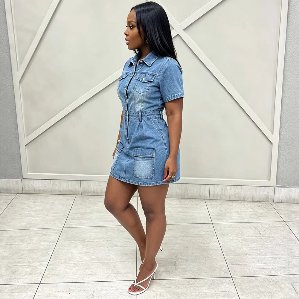 European and american style women's denim dress - new  cross-border fashion - street style single-breasted short sleeve jumpsuit