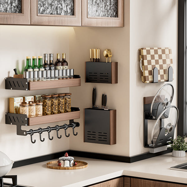 Walnut kitchen rack non-punching antique solid wood multi-layer wall-mounted seasoning knife holder chopstick cartridge storage rack