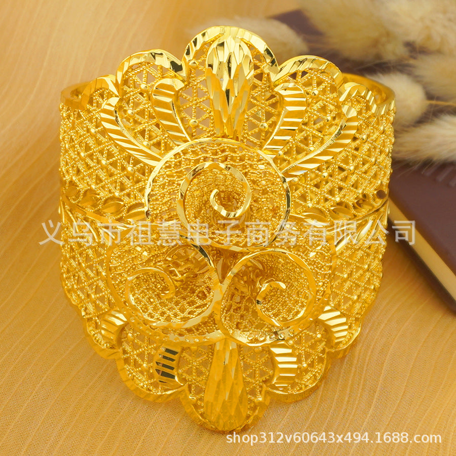 Middle eastern luxury bangle and ring set for women, gold sleeve bracelet with dubai floral jewelry set, wedding party gift