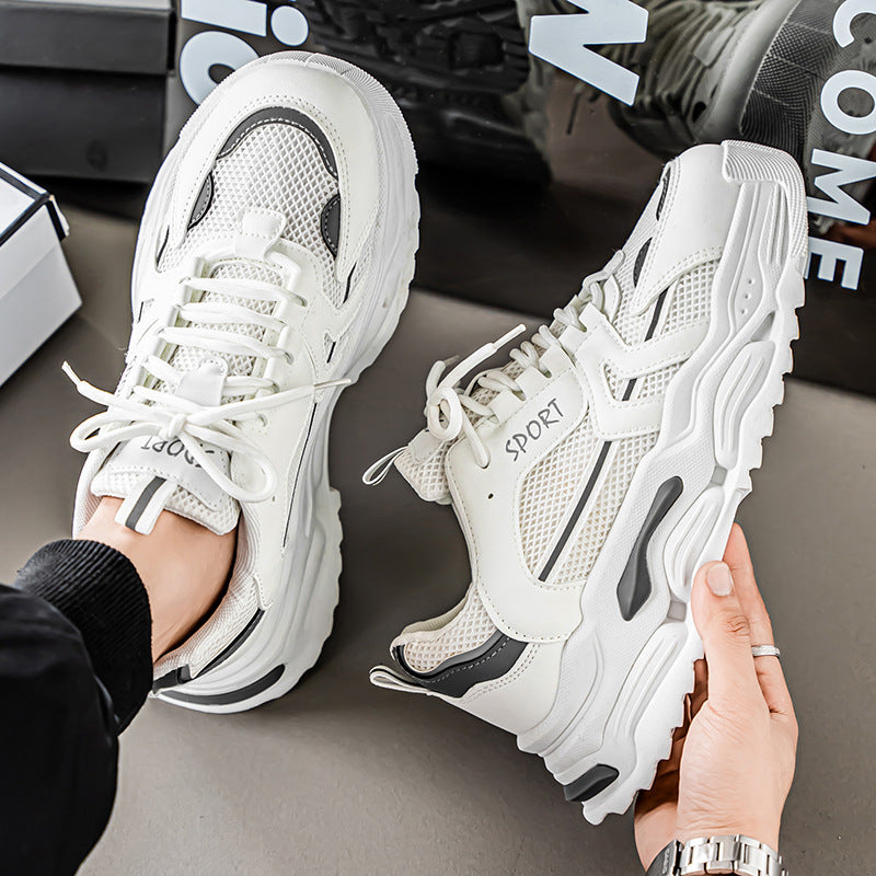 Men's white sneakers - winter breathable 2025 new mesh design, height increasing thick sole, athletic casual running dad shoes, trendy style