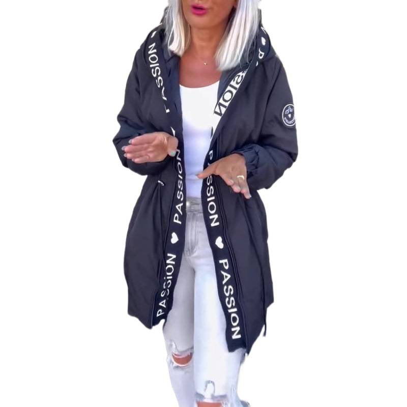 fashionwinternew arrivalcasual hooded drawstring zipper flap pocket pantsletter cotton jacketoutwear women's clothing