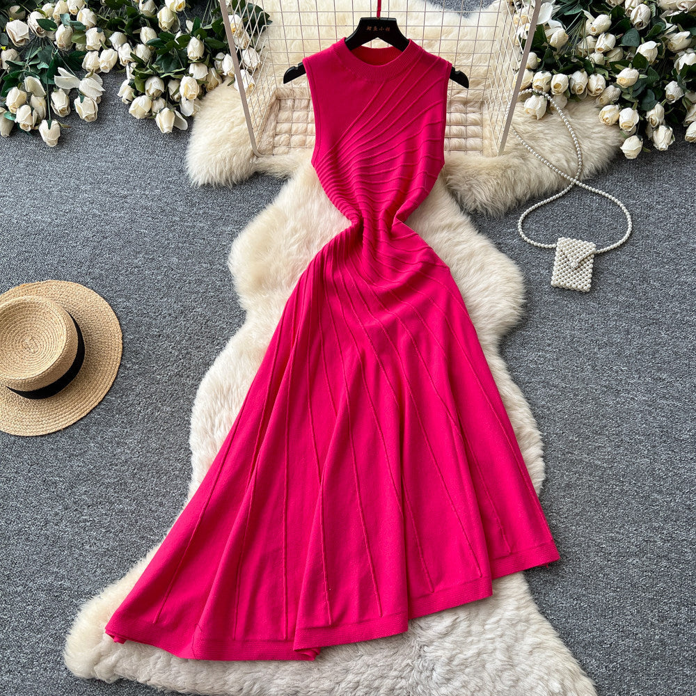 French chic sleeveless knit irregular hem dress - women's summer retro a-line dress - slimming, elegant, and versatile workwear maxi dress