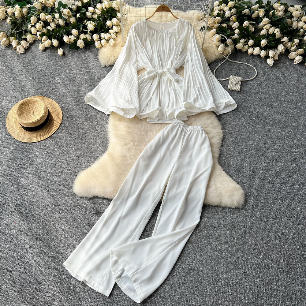 Sophisticated style niche styletwo-piece set women's loose waist tie backflare long sleeves pleated tops+high waistcasualpants