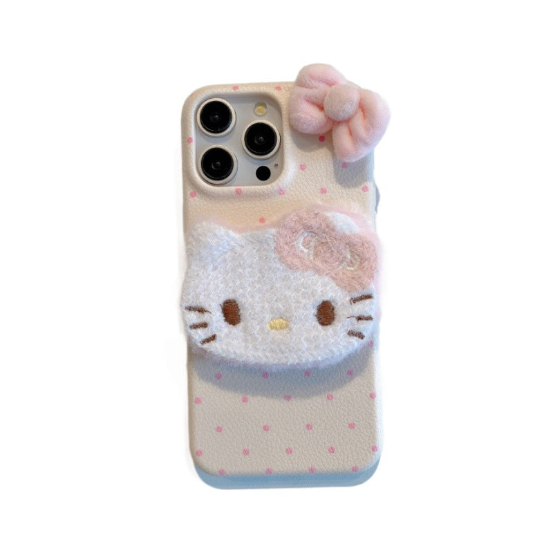 Leather texture apple 16 pro polka dot plush kt phone case iphone 13/15 anti-fall soft shell protective cover