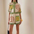 summer new women's clothing cross-border export fashion retro color block print drawstring button set 661