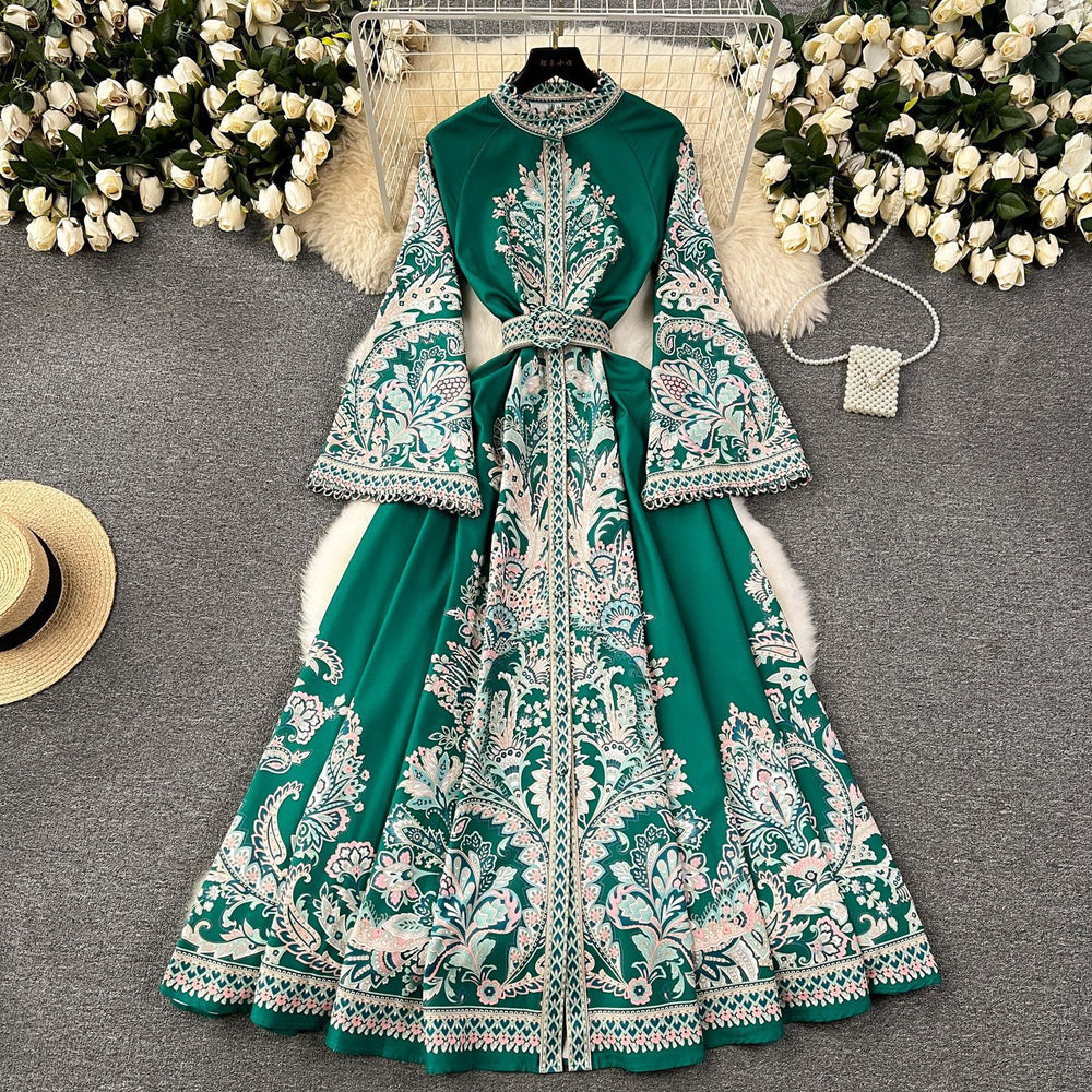 Spring new arrivalretroprinting round neck bell sleeve dress women's single breasted large swing asymmetrical pleated long skirt
