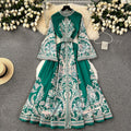 Spring new arrivalretroprinting round neck bell sleeve dress women's single breasted large swing asymmetrical pleated long skirt