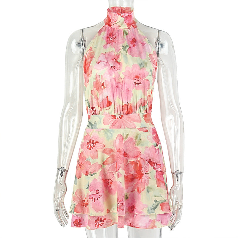 European and american style ins cross-border printed sweet women's clothing home waist a-line skirt soft vacation high collar sleeveless dress