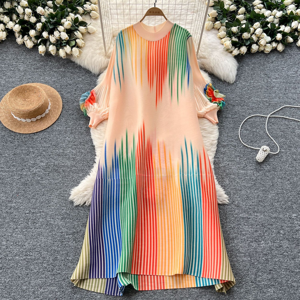 European and american chic gradient print dress - women's loose fit casual 3d floral lantern sleeve pleated maxi dress