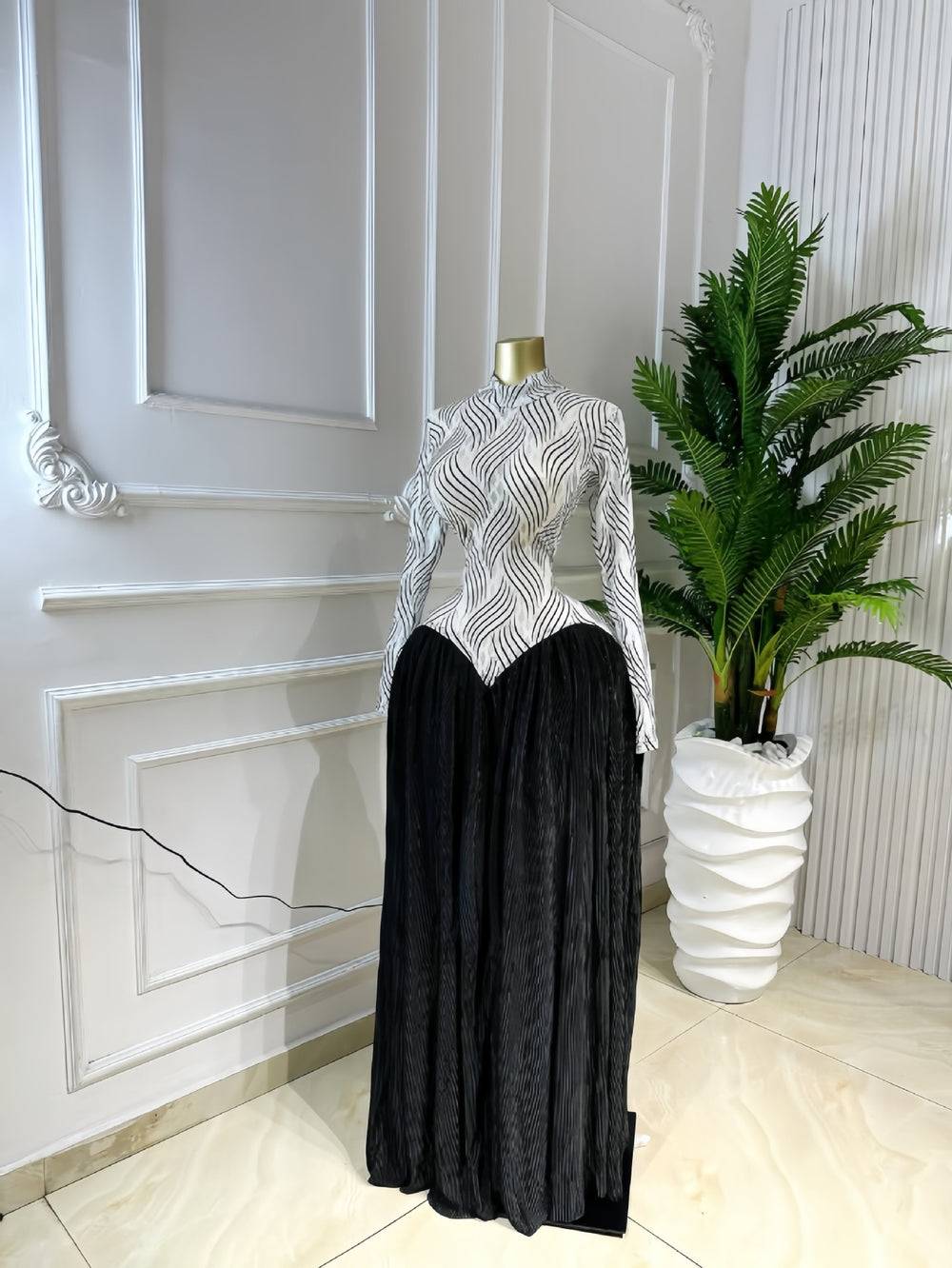 European and american cross-border women's winter  new arrival: long-sleeved stand collar slim-fit patchwork pleated maxi dress - elegant style
