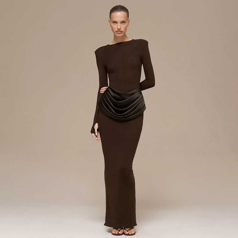 cross-border european and american women's clothing autumn/winter new collection: solid color, elegant, long-sleeved, shirred, slim-fit, bodycon, long dress for women