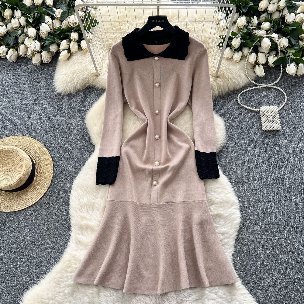 Frenchretro small fragrance style contrast color lapel long sleeves single breasted waist slimming lookelegantrufflesknittingdress