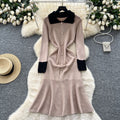 Frenchretro small fragrance style contrast color lapel long sleeves single breasted waist slimming lookelegantrufflesknittingdress