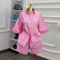 European and american cross-border women's fashion:  autumn new collection - solid color turn-down collar loose-fit short sleeve shirt and wide-leg shorts set