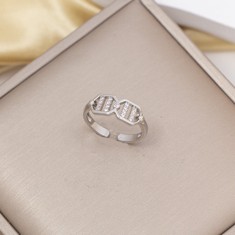 foreign trade popular zircon inlaid square ring with eight-character opening adjustment 18k gold electroplated high-end finger