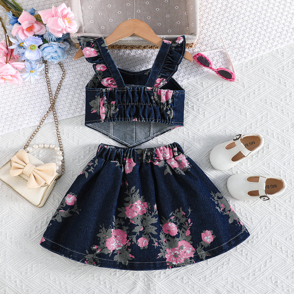 girls' summer denim outfit: sweet floral print cami top + pleated mini skirt