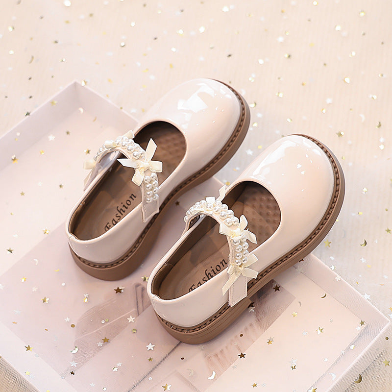Vancahao kids' black single shoes -  autumn new collection - girls' fashion beaded bow patent leather princess shoes