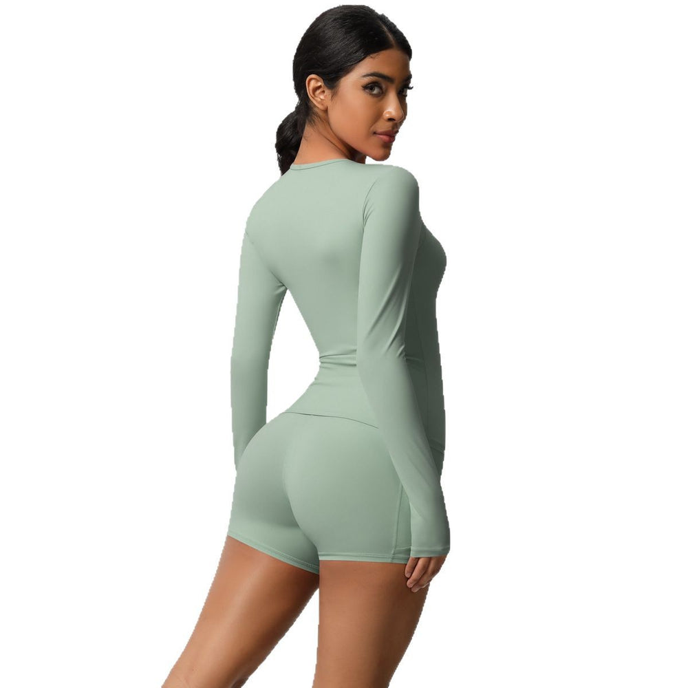 European and american solid color slim-fit long sleeve t-shirt yoga outfit set - high-waisted, barely-there feel, quick-dry activewear two-piece set for running and fitness
