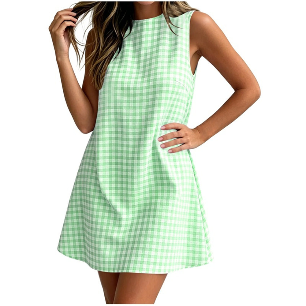 european and american cross-border  summer new women's plaid round neck sleeveless back zipper casual dress
