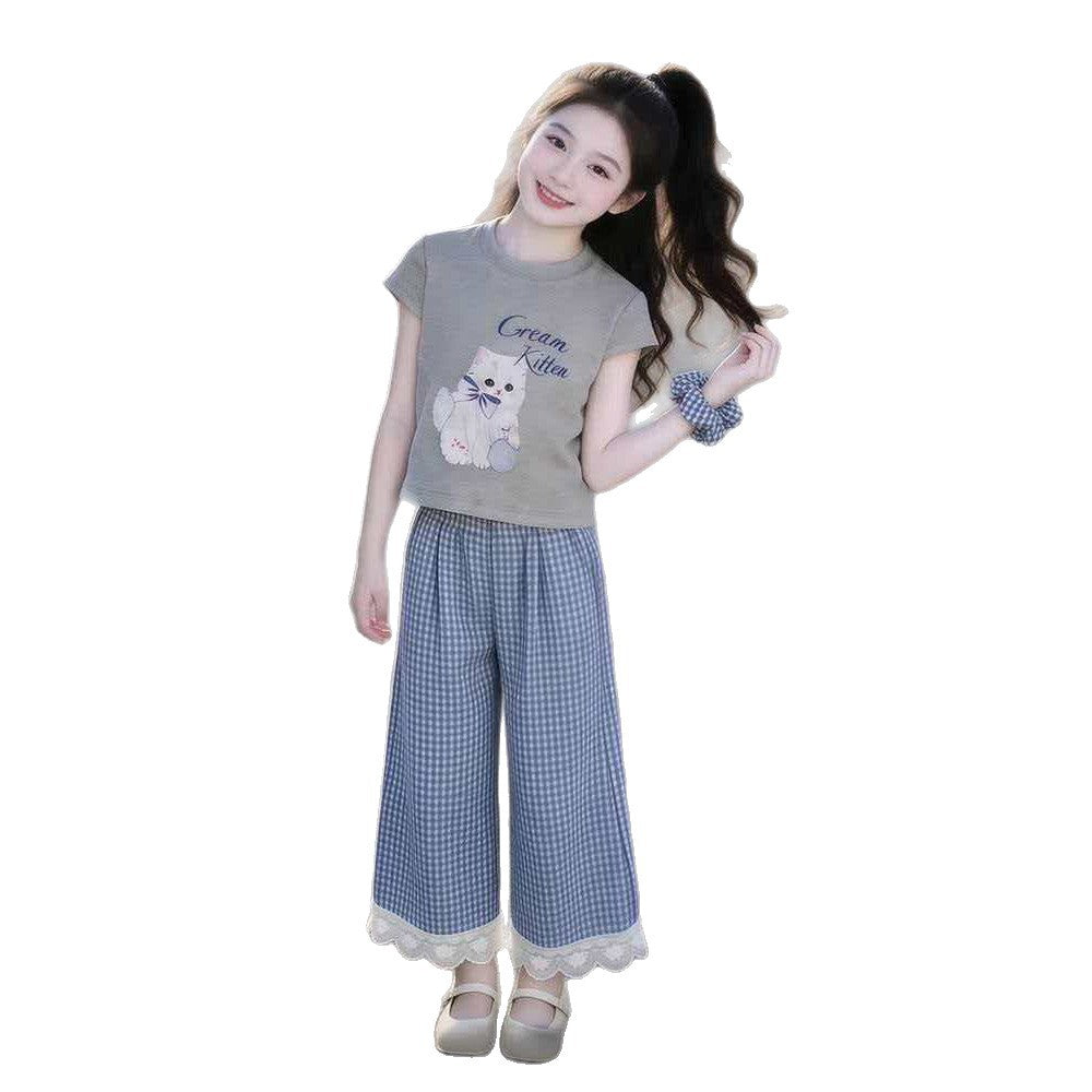 Girls' outfit  new children's wear girl's cat letter plaid two-piece set casual short sleeve summer fashionable style