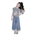 Girls' outfit  new children's wear girl's cat letter plaid two-piece set casual short sleeve summer fashionable style