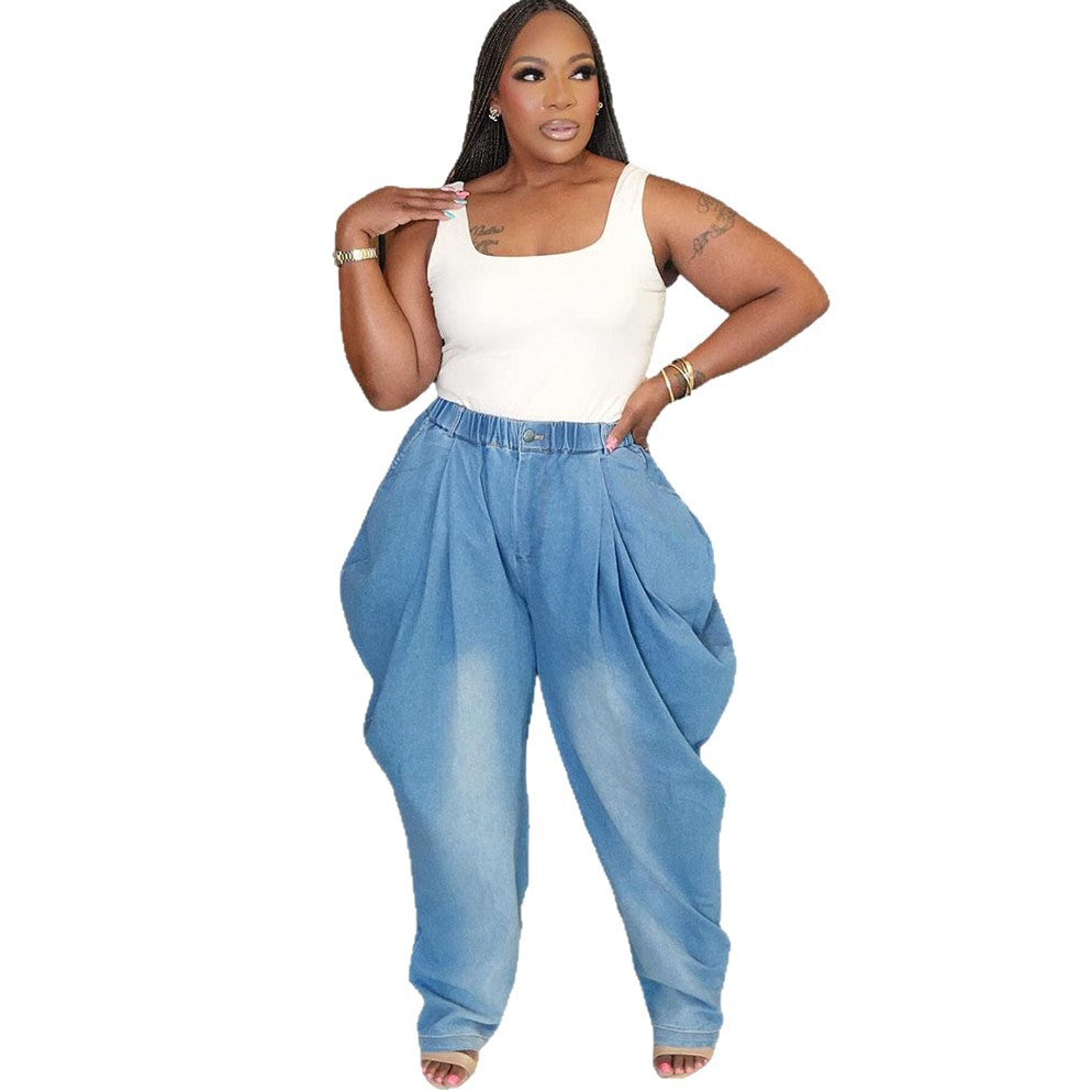 European and american style high-waisted jeans -  cross-border women's fashion streetwear casual loose harem wide-leg lantern pants