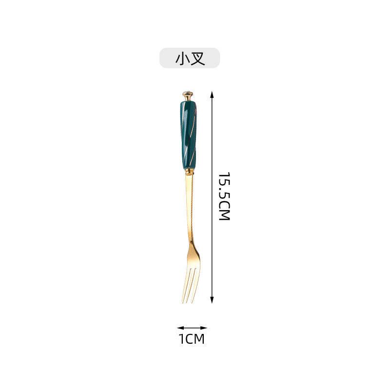Amazon stainless steel cutlery set - creative ceramic stainless steel coffee spoon, fruit fork, dark green knife, fork, and spoon