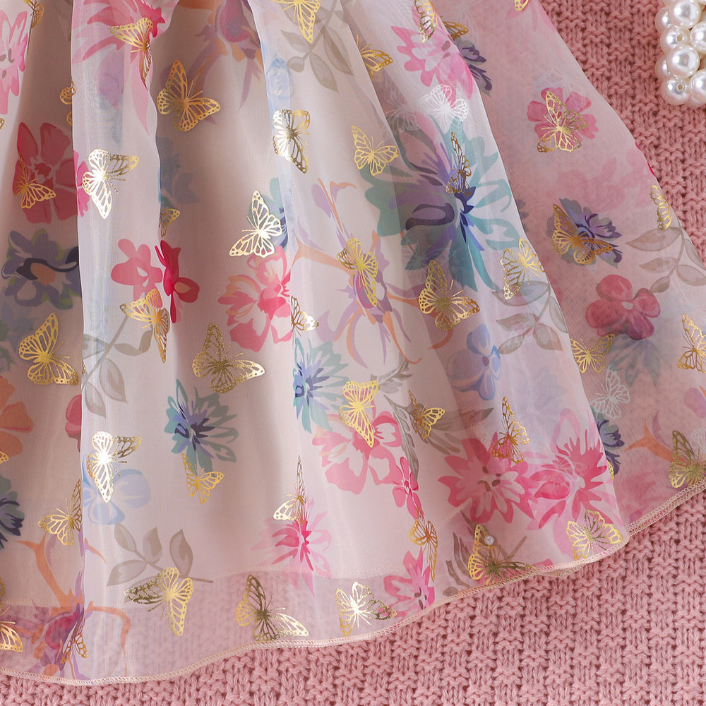 Girls' fashion off-the-shoulder floral mesh patchwork dress