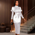 satinlacepatchwork high collar puff sleeve dress tie back waist slimming look party evening dress dress
