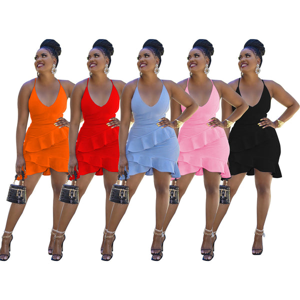 YZ1281 European and American  women's clothing   sexy fashion suspender backless tether ruffle edge dress