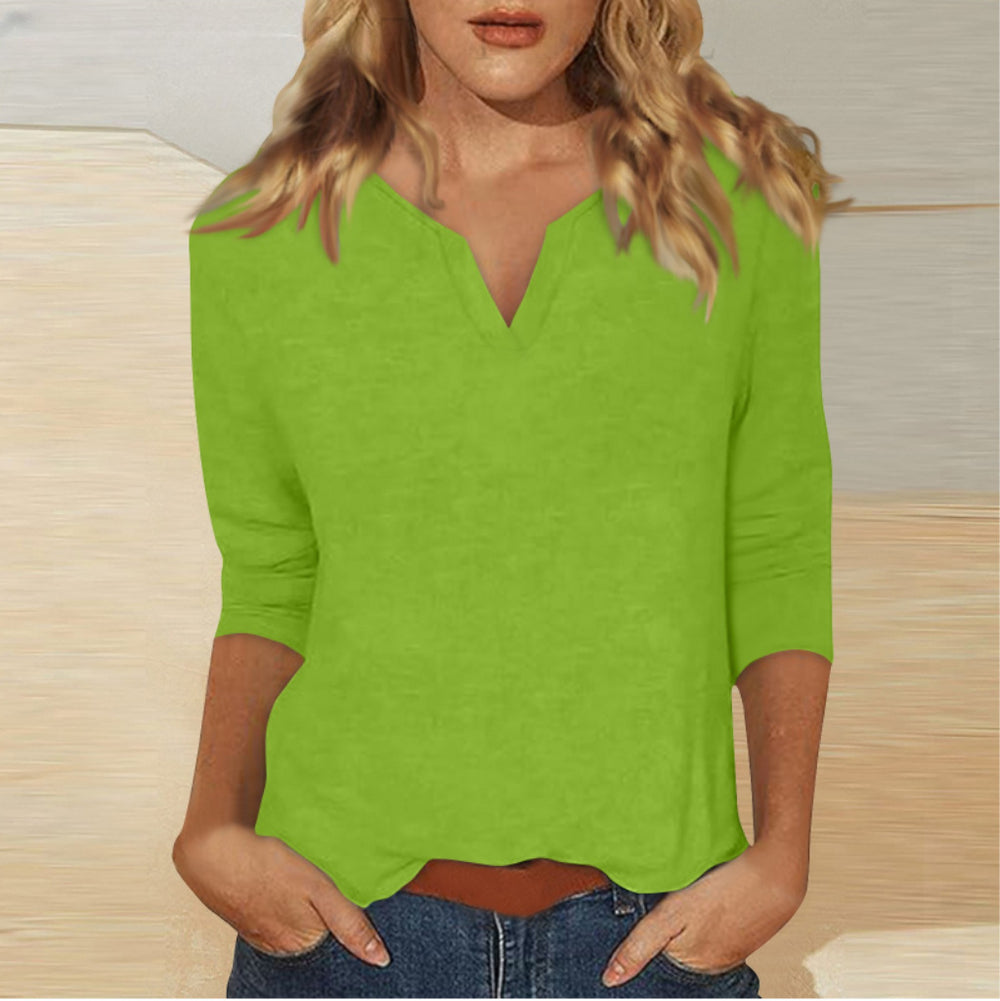 cross-border women's v-neck 3/4 sleeve solid color t-shirt top