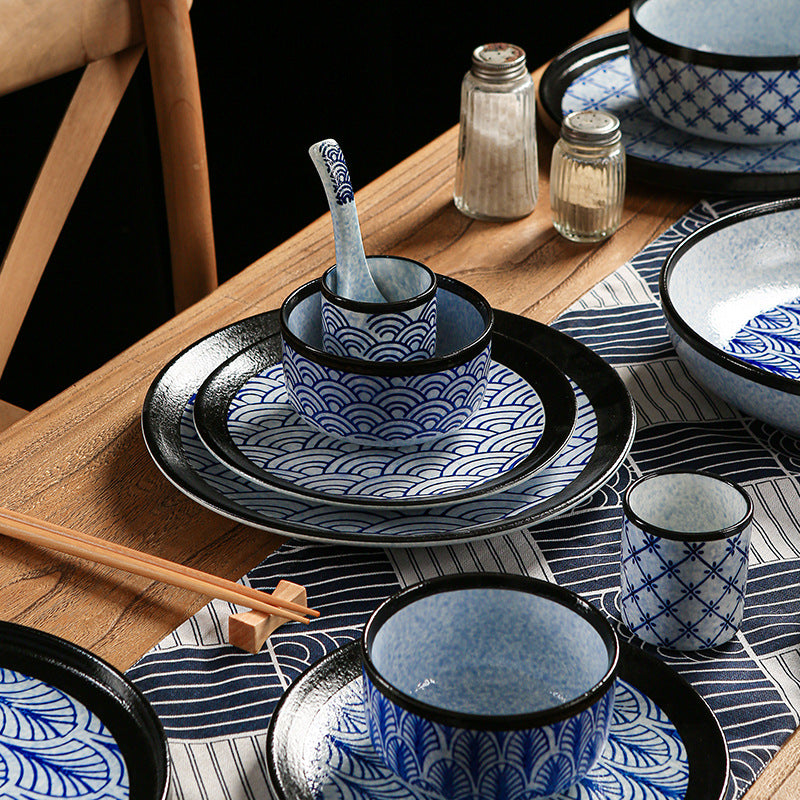 Japanese classic blue pattern tableware hotel style western food plate deep plate for home high-looking rice bowl byron tableware