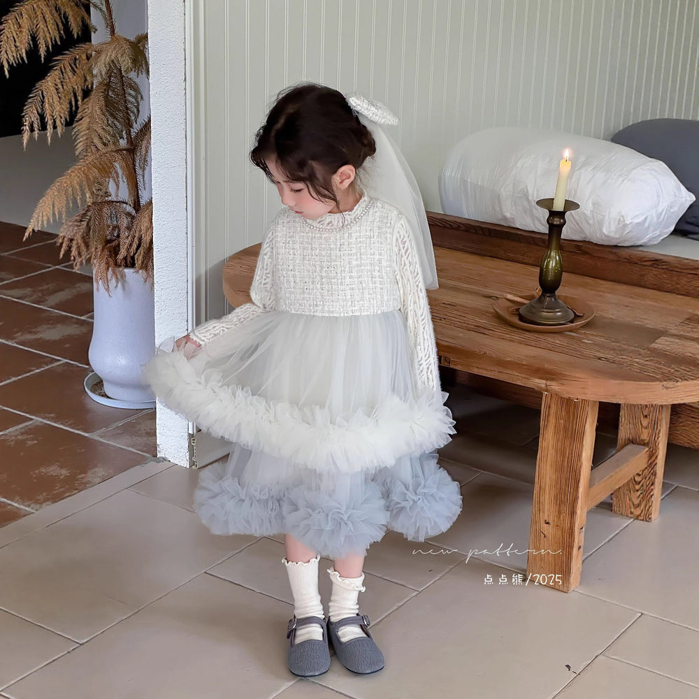 Girls' dress  autumn new collection: chanel-inspired tweed vest dress with lace-trimmed top and mesh skirt set