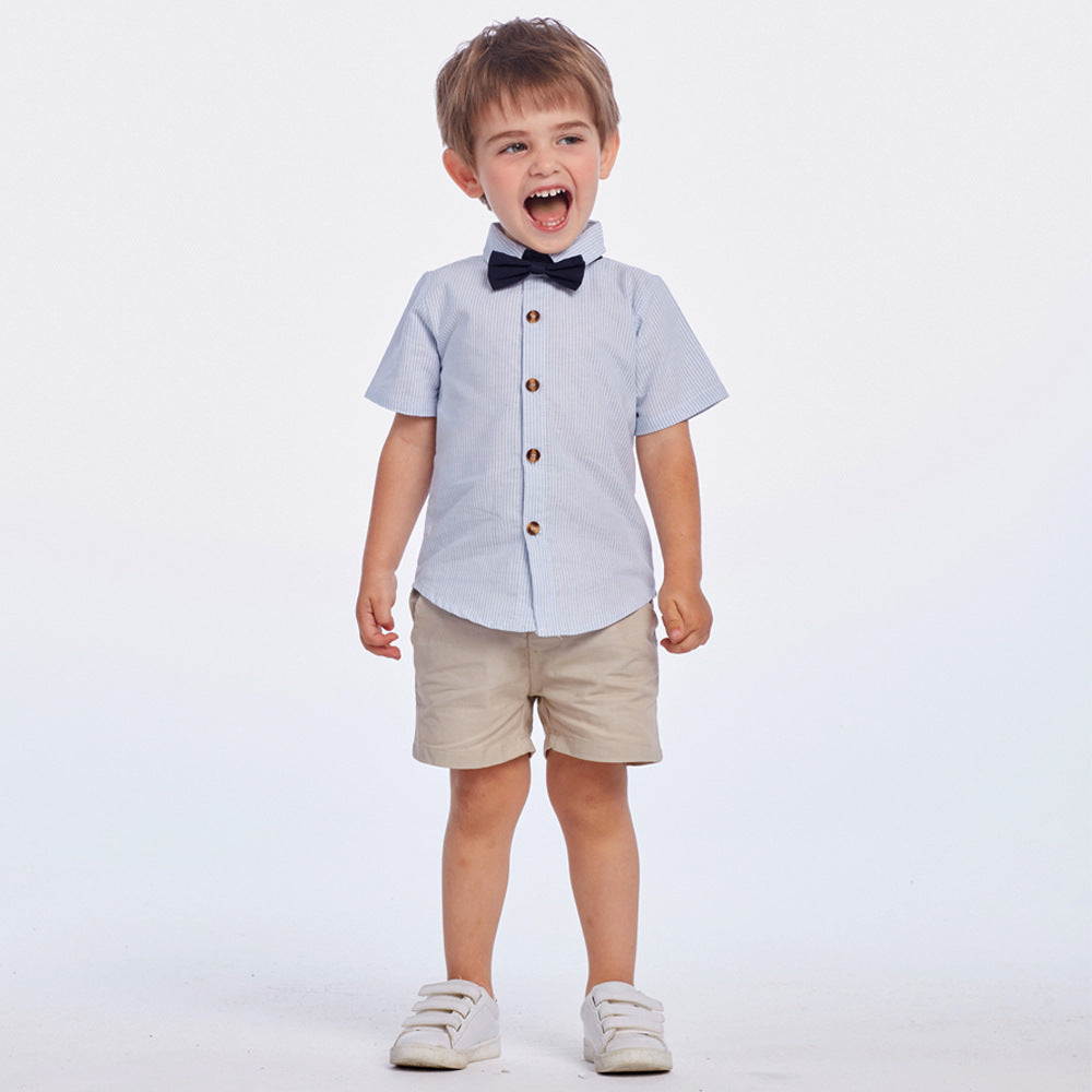 children's clothing set, korean style, boys' short-sleeved striped shirt, cotton overalls, performance outfit, gentleman's first birthday suit