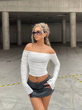 Export fashion new arrivalsexy double-layer mesh tops sweet one-shoulder pleated bell long sleeves t-shirt for women