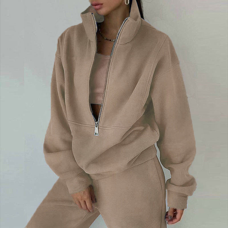 cross-border e-commerce european and american women's clothing: new summer collection - fashionable casual fleece-lined sporty zip-up hoodie set