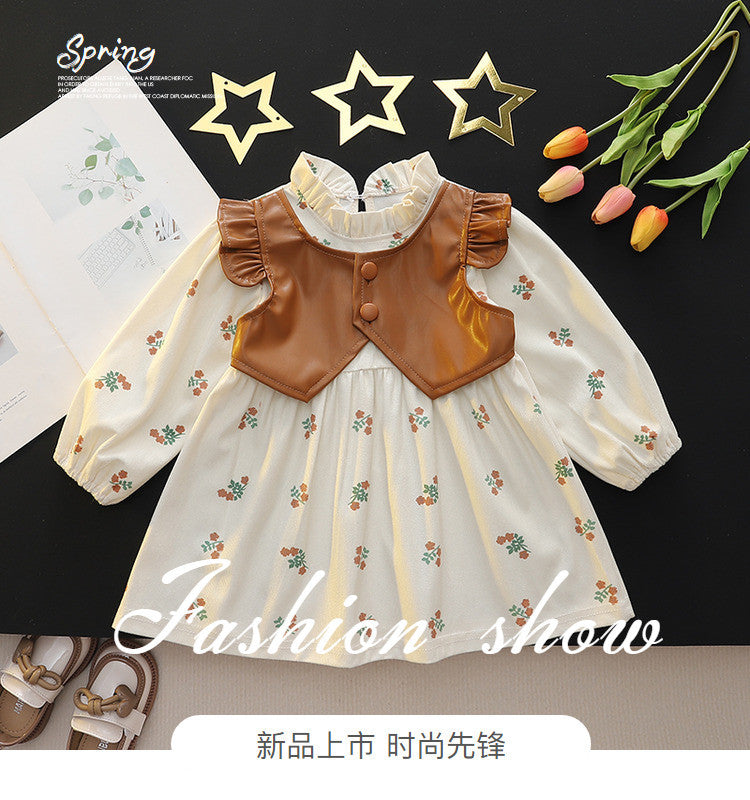 Baby girl spring dress with padded vest detail, patchwork skirt, toddler & little girl printed princess dress, casual long sleeve dress for girls